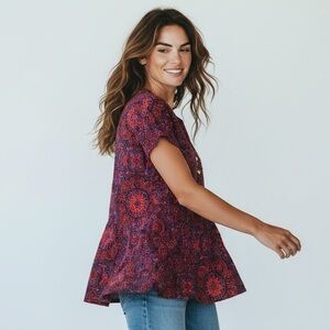 Dana Buchman Red and Blue Floral Blouse